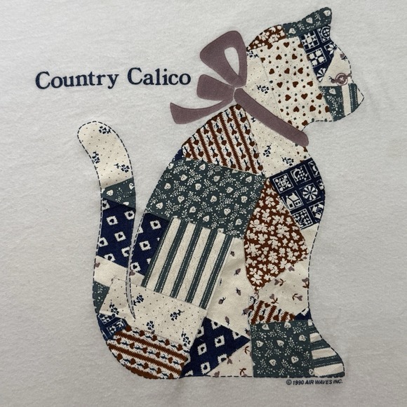 Vintage 1990 Country Calico Cat T-Shirt XL Single Stitch Air Waves Made USA - Picture 3 of 9